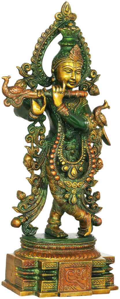Brassaura® Brass Krishna Statue with Inlay Work | Height 15.35 Inches & Weight 4.20 kg
