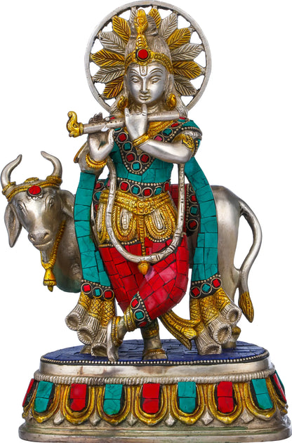 Brassaura® Brass Krishna Statue with Inlay Work | Height 10.04 Inches & Weight 3.60 kg