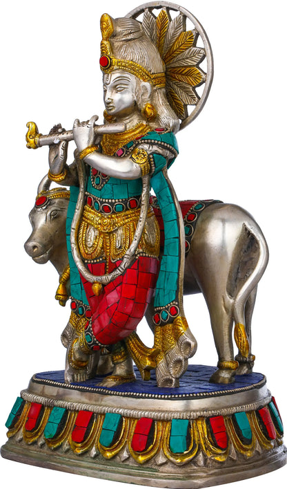 Brassaura® Brass Krishna Statue with Inlay Work | Height 10.04 Inches & Weight 3.60 kg