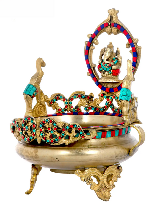 Brassaura® Lord Ganesha Urli with Meenakari Inlay | Pure Brass | Height 13 Inches & Weight 3.50 kgs