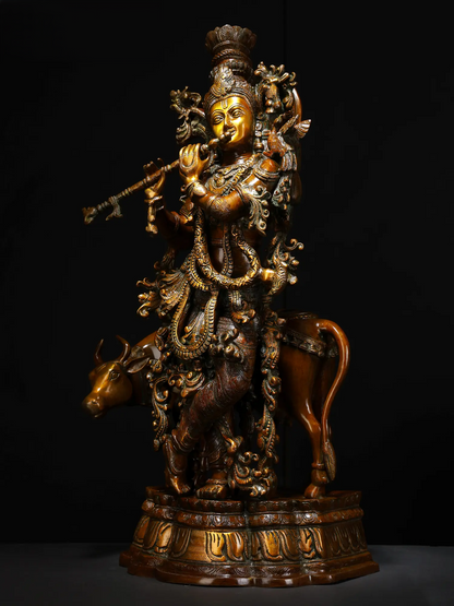 Brassaura® Brass Krishna Statue with Inlay Work | Height 26.77 Inches & Weight 22.30 kg