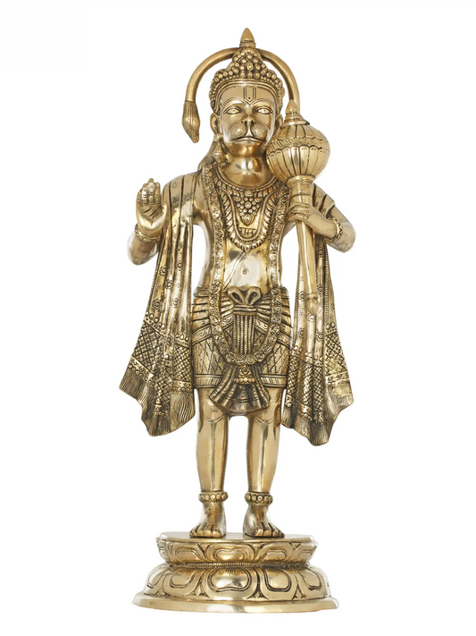 ब्रैसौरा® स्टैंडिंग ब्लेसिंग हनुमान | पीतल की मूर्ति | ऊंचाई 26.77 इंच और वज़न 14 किलोग्राम