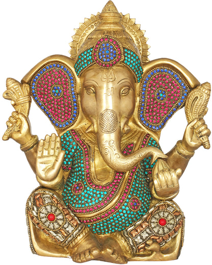 Brassaura™ Meenakari Stonework Lord Ganesha Brass Statue | Height 10.4 Inches & Weight 5.40 kgs