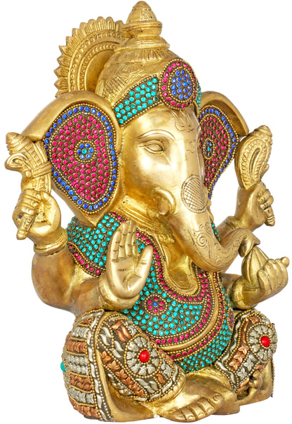 Brassaura™ Meenakari Stonework Lord Ganesha Brass Statue | Height 10.4 Inches & Weight 5.40 kgs