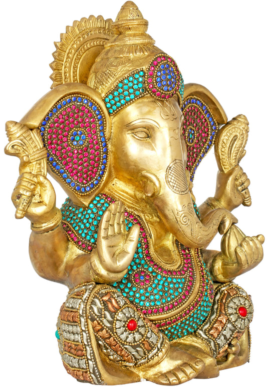 Brassaura™ Meenakari Stonework Lord Ganesha Brass Statue | Height 10.4 Inches & Weight 5.40 kgs