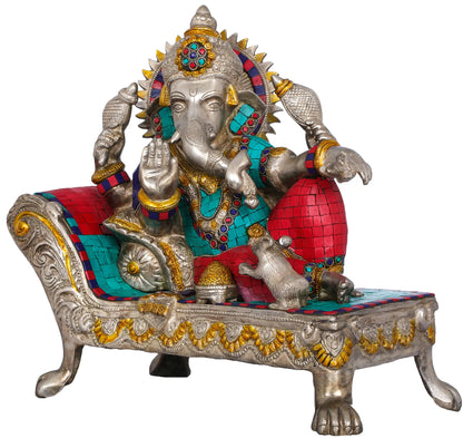Brassaura™ Brass Ganesha Statue with Inlay Work | Height 13 Inches & Weight 12.80 kgs