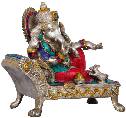 Brassaura™ Brass Ganesha Statue with Inlay Work | Height 13 Inches & Weight 12.80 kgs