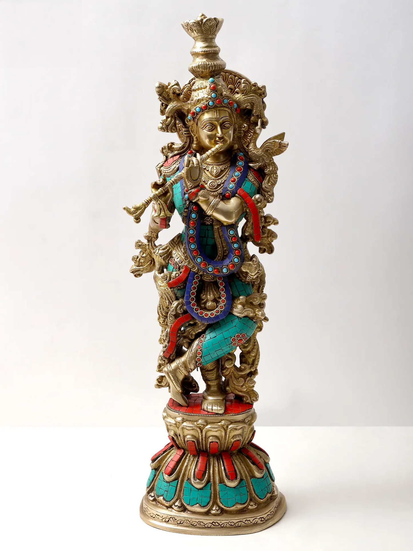 Brassaura® Brass Krishna Statue with Inlay Work | Height 24.02 Inches & Weight 11.60 kg