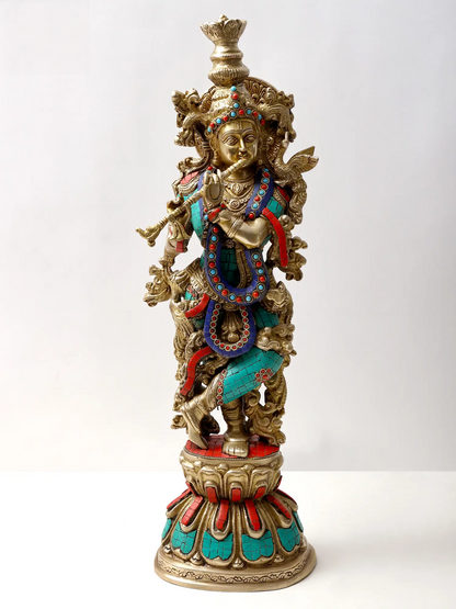 Brassaura® Brass Krishna Statue with Inlay Work | Height 24.02 Inches & Weight 11.60 kg
