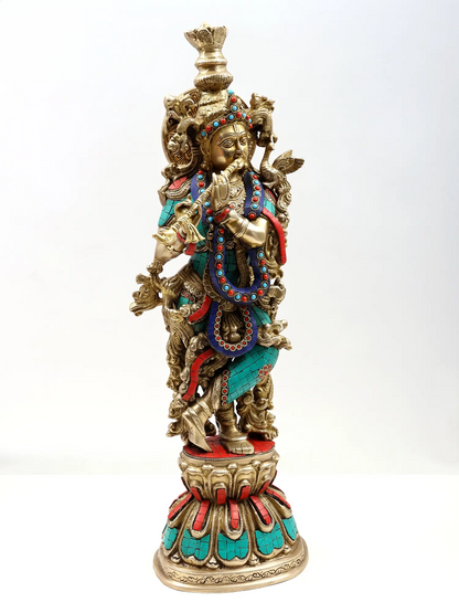 Brassaura® Brass Krishna Statue with Inlay Work | Height 24.02 Inches & Weight 11.60 kg