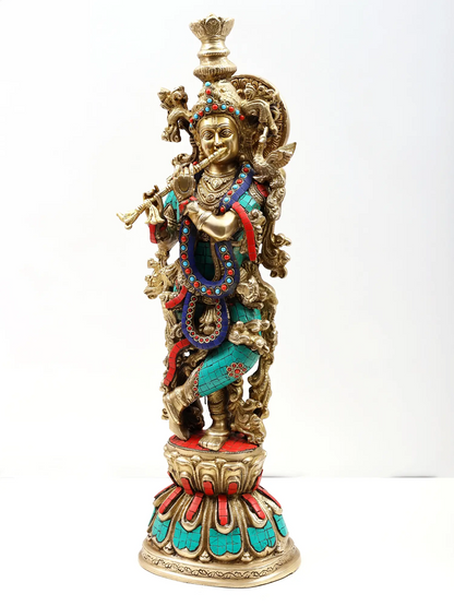 Brassaura® Brass Krishna Statue with Inlay Work | Height 24.02 Inches & Weight 11.60 kg