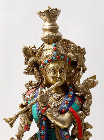 Brassaura® Brass Krishna Statue with Inlay Work | Height 24.02 Inches & Weight 11.60 kg