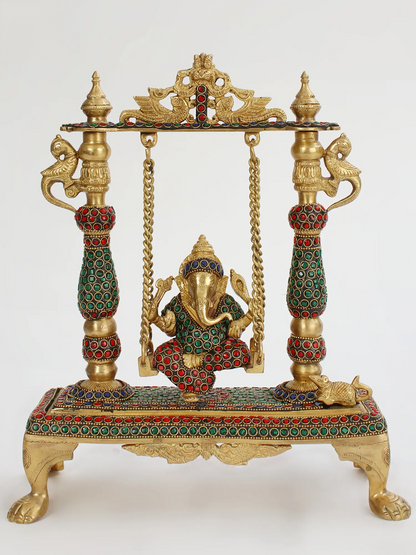 Brassaura™ Lord Ganesha Jhula Brass Statue | Height 13.2 Inches & Weight 4.50 kgs