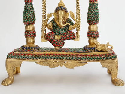 Brassaura™ Lord Ganesha Jhula Brass Statue | Height 13.2 Inches & Weight 4.50 kgs