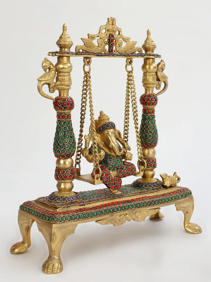 Brassaura™ Lord Ganesha Jhula Brass Statue | Height 13.2 Inches & Weight 4.50 kgs