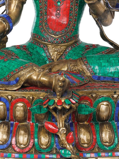 ब्रेसौरा® ग्रीन तारा ब्रास स्टैच्यू विद स्टोन इनले वर्क | 33.7 इंच ऊंचाई | घर और मंदिर की सजावट के लिए तिब्बती बौद्ध देवी प्रतिमा