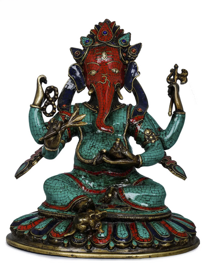Brassaura™ Brass Ganesha Idol with Inlay Work for Home Temple & Festive Decor | 11 Inches | 5.80 kgs