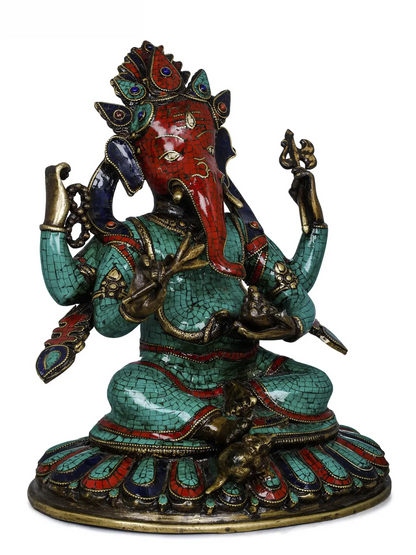Brassaura™ Brass Ganesha Idol with Inlay Work for Home Temple & Festive Decor | 11 Inches | 5.80 kgs