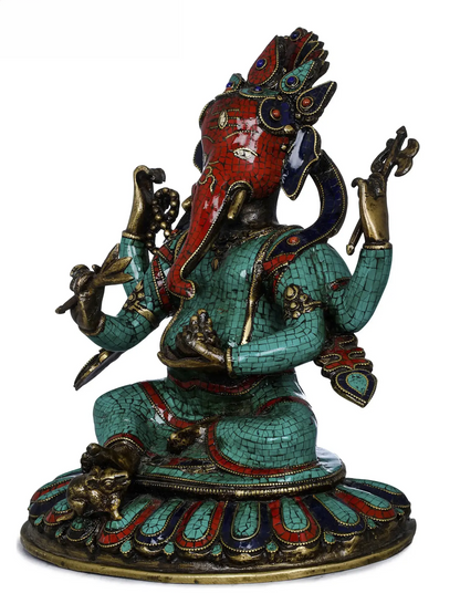 Brassaura™ Brass Ganesha Idol with Inlay Work for Home Temple & Festive Decor | 11 Inches | 5.80 kgs