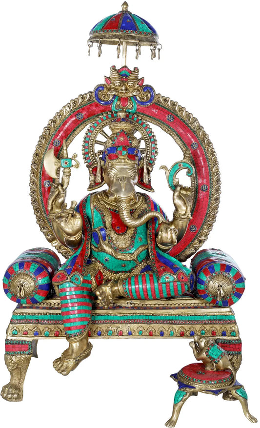 Brassaura® Grand Royal Meenakari Ganesha with Umbrella Throne | Height 47.44 Inches & Weight 94.90 kgs