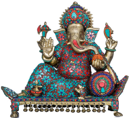 Brassaura™ Brass Ganesha Statue with Inlay Work | Height 16 Inches & Weight 18 kgs