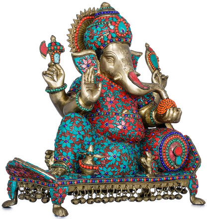 Brassaura™ Brass Ganesha Statue with Inlay Work | Height 16 Inches & Weight 18 kgs