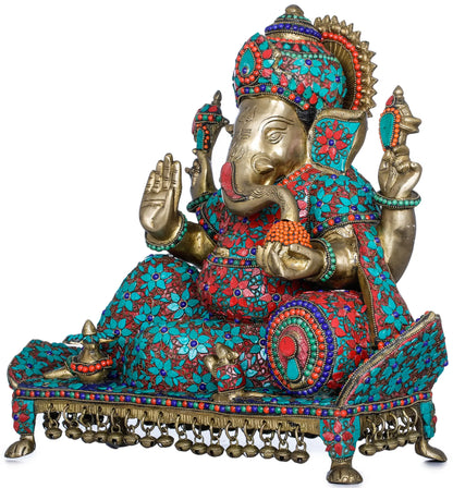 Brassaura™ Brass Ganesha Statue with Inlay Work | Height 16 Inches & Weight 18 kgs