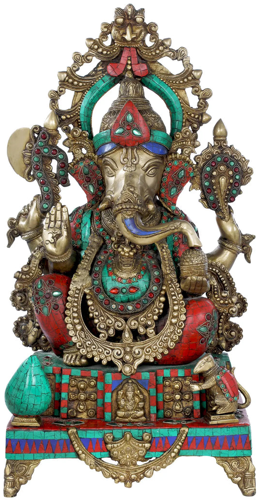Brassaura® Meenakari Lord Ganesha on Ornate Pedestal | Height 26.77 Inches & Weight 34.50 kgs