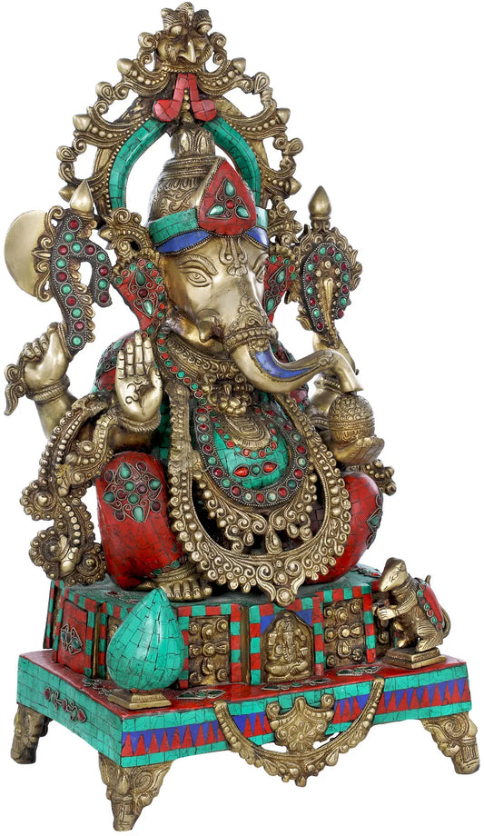 Brassaura® Meenakari Lord Ganesha on Ornate Pedestal | Height 26.77 Inches & Weight 34.50 kgs