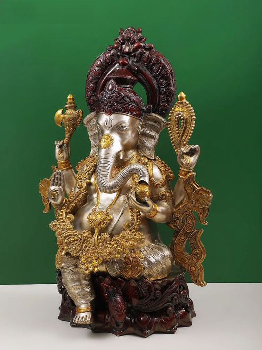 Brassaura® Lord Ganesha Brass Statue with Dual Tone Finish | Height 29.13 Inches & Weight 44 kgs