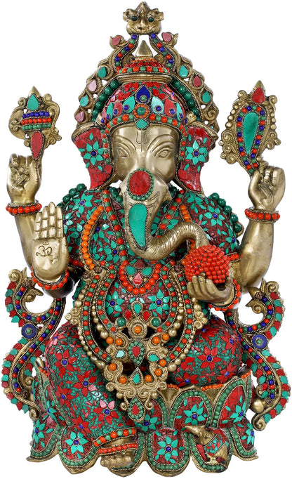 Brassaura® Meenakari Adorned Ganesha Brass Statue | Height 21.46 Inches & Weight 25 kgs