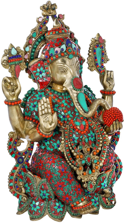 Brassaura® Meenakari Adorned Ganesha Brass Statue | Height 21.46 Inches & Weight 25 kgs