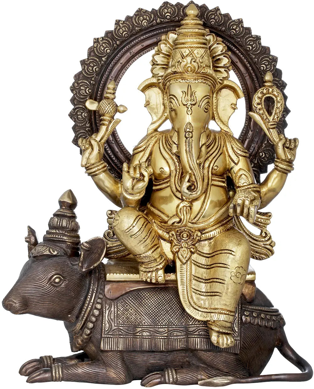 Brassaura™ ब्रास गणेश मूषक पर बैठे घर के मंदिर की सजावट के लिए मूर्ति | 16 इंच | 14.50 किलोग्राम