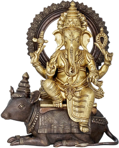 Brassaura™ ब्रास गणेश मूषक पर बैठे घर के मंदिर की सजावट के लिए मूर्ति | 16 इंच | 14.50 किलोग्राम
