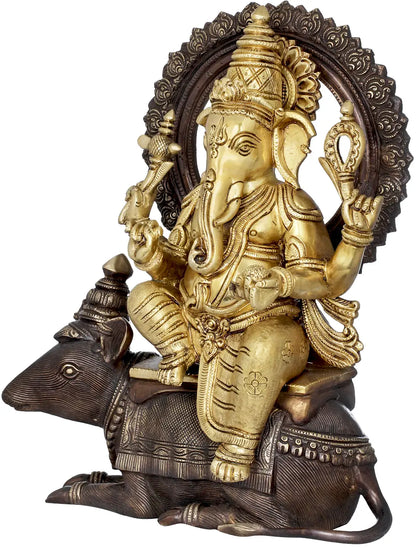 Brassaura™ ब्रास गणेश मूषक पर बैठे घर के मंदिर की सजावट के लिए मूर्ति | 16 इंच | 14.50 किलोग्राम