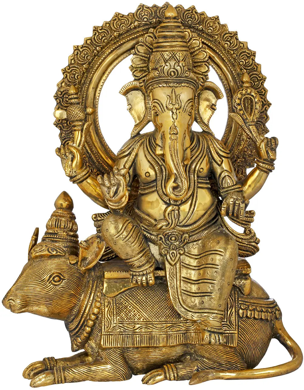 ब्रासौर्रा™ ब्रास गणेश, मूषक पर बैठे, घर के मंदिर की सजावट के लिए | 16 इंच | 14.50 किलोग्राम
