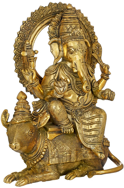 ब्रासौर्रा™ ब्रास गणेश, मूषक पर बैठे, घर के मंदिर की सजावट के लिए | 16 इंच | 14.50 किलोग्राम