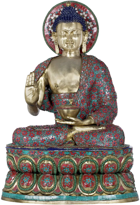 ब्रासौरिया® फूलों की पत्थर जड़ाई कार्य के साथ बैठे बुद्ध | शुद्ध पीतल | ऊंचाई 38 इंच और वज़न 66.50 किलोग्राम