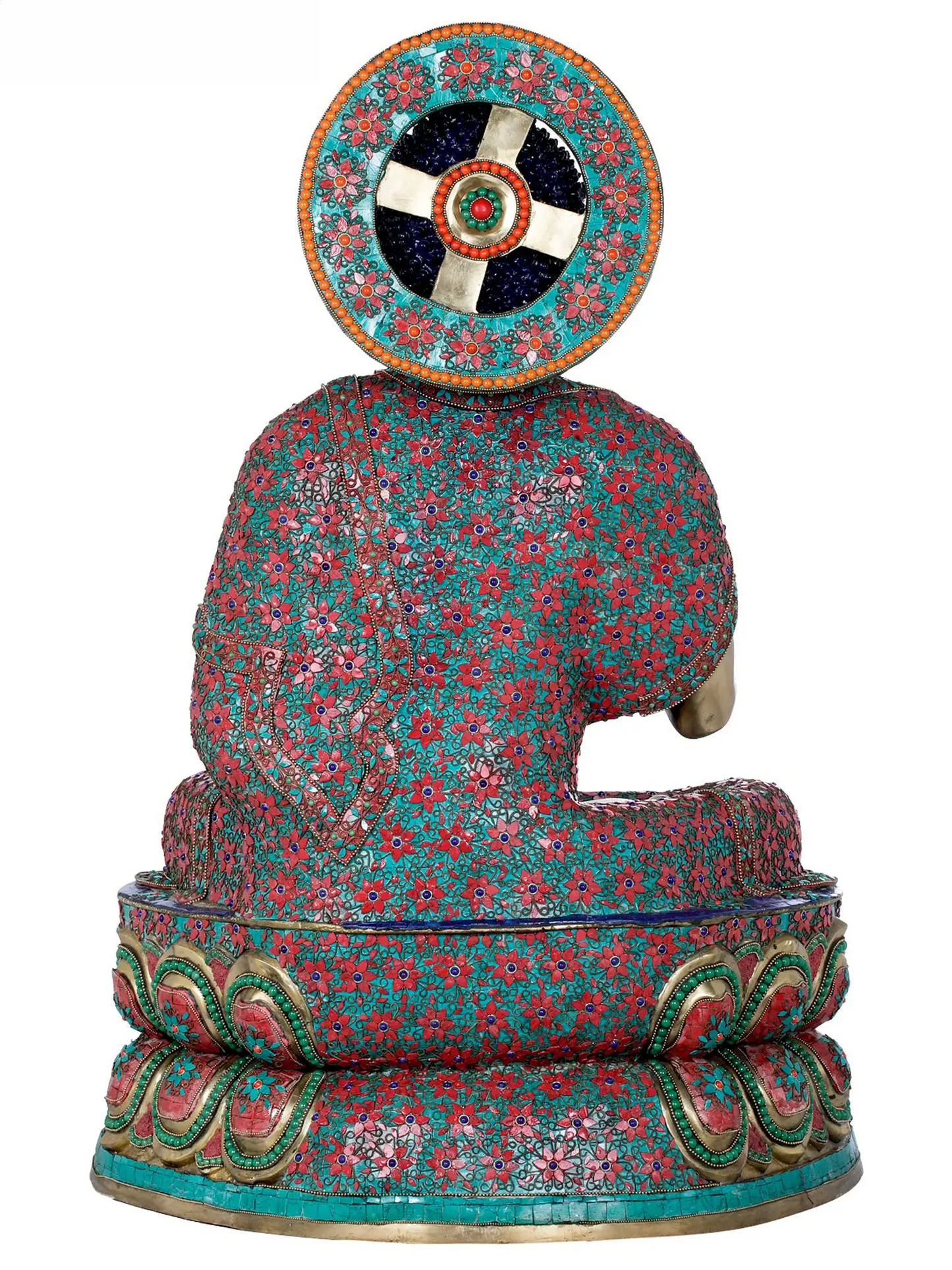 ब्रासौरिया® फूलों की पत्थर जड़ाई कार्य के साथ बैठे बुद्ध | शुद्ध पीतल | ऊंचाई 38 इंच और वज़न 66.50 किलोग्राम