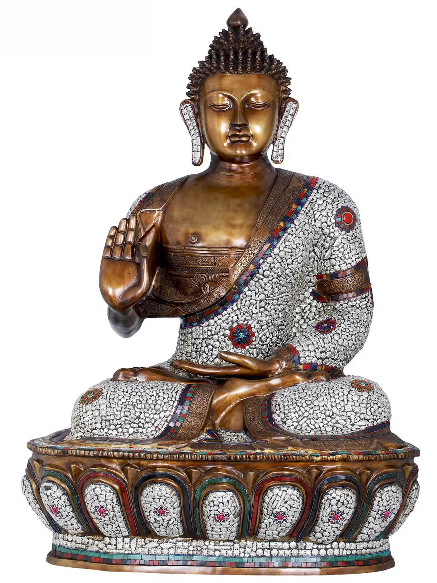Brassaura® Grand Seated Buddha with Stone Inlay Work | Pure Brass | Height 45 Inches & Weight 87 kgs
