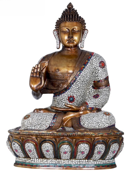 Brassaura® Grand Seated Buddha with Stone Inlay Work | Pure Brass | Height 45 Inches & Weight 87 kgs