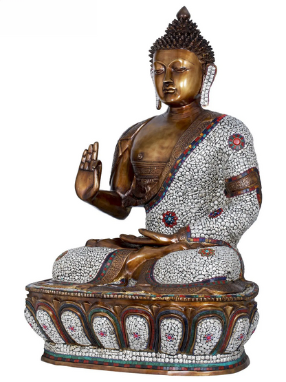 Brassaura® Grand Seated Buddha with Stone Inlay Work | Pure Brass | Height 45 Inches & Weight 87 kgs
