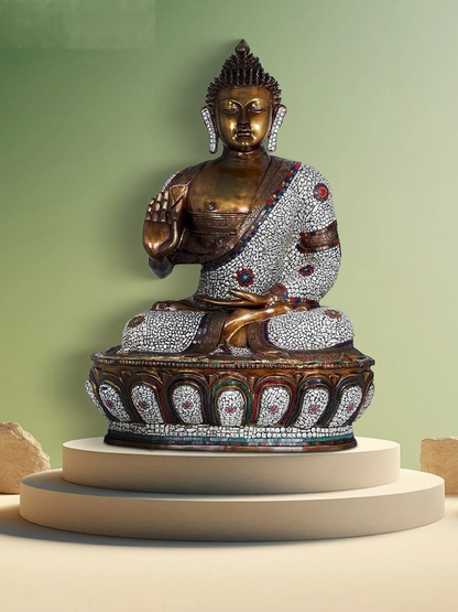 Brassaura® Grand Seated Buddha with Stone Inlay Work | Pure Brass | Height 45 Inches & Weight 87 kgs