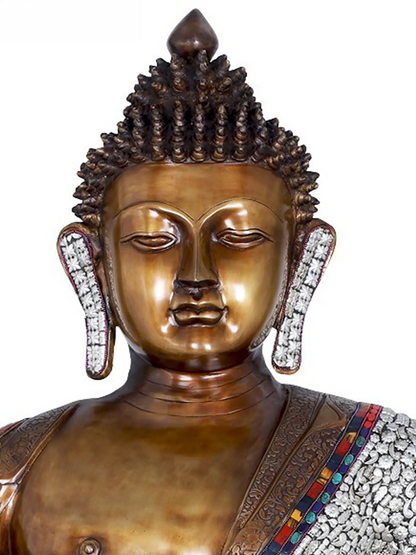 Brassaura® Grand Seated Buddha with Stone Inlay Work | Pure Brass | Height 45 Inches & Weight 87 kgs