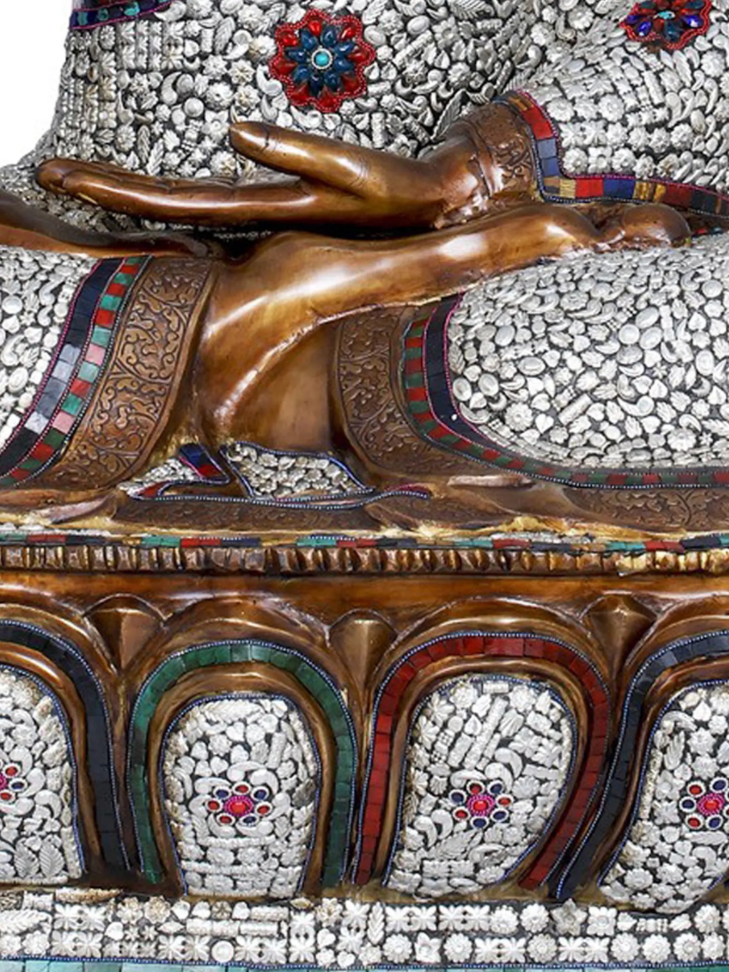 Brassaura® Grand Seated Buddha with Stone Inlay Work | Pure Brass | Height 45 Inches & Weight 87 kgs