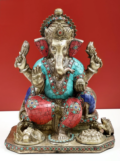 Brassaura™ Brass Ganesha Sitting on Throne Idol with Inlay Work for Home Temple | 12 Inches | 8.90 kgs