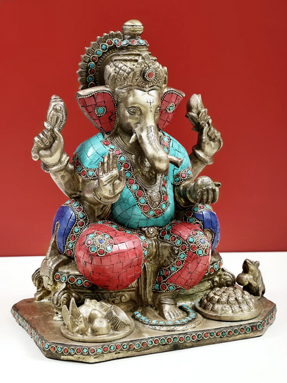 Brassaura™ Brass Ganesha Sitting on Throne Idol with Inlay Work for Home Temple | 12 Inches | 8.90 kgs