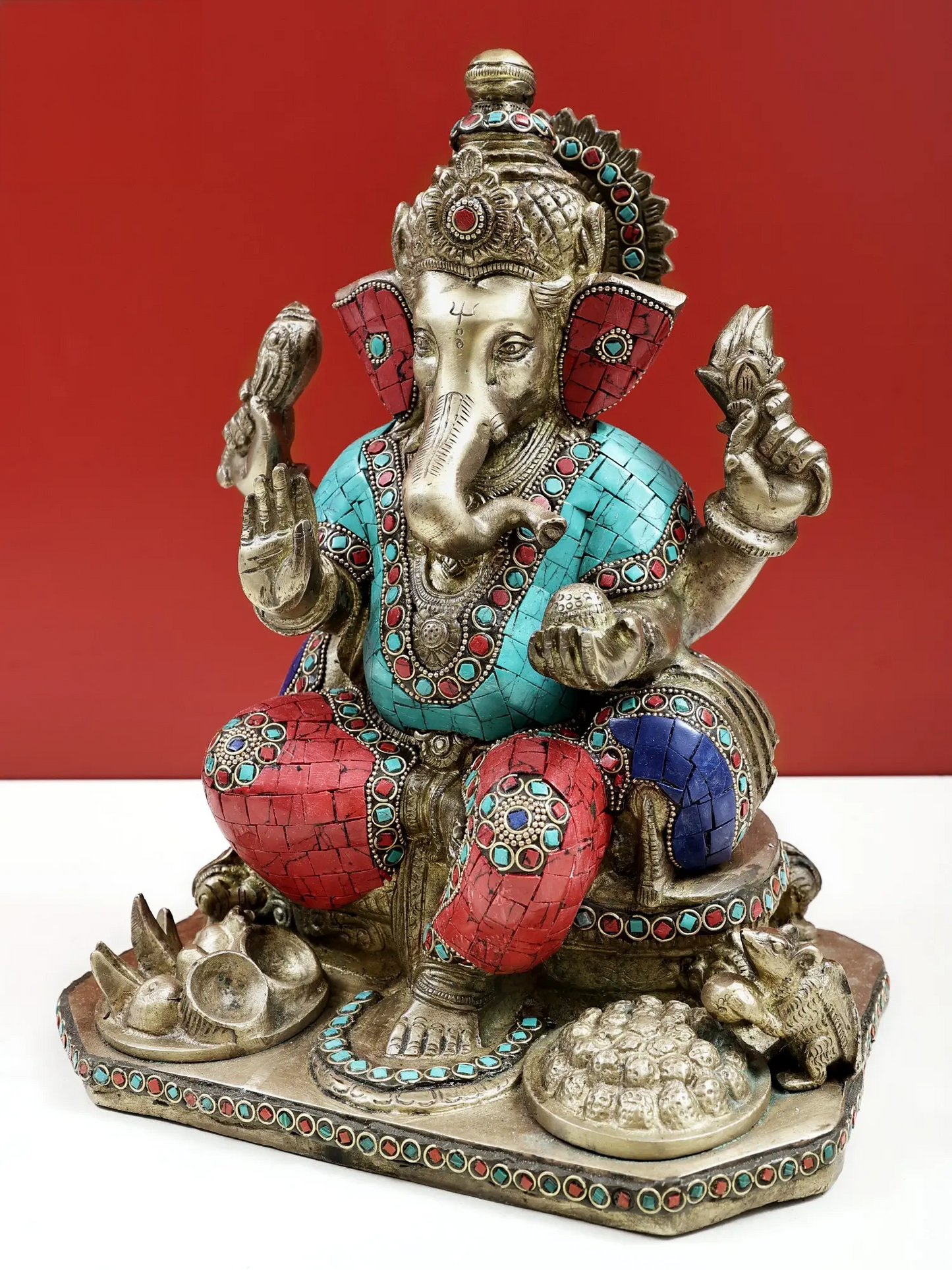 Brassaura™ Brass Ganesha Sitting on Throne Idol with Inlay Work for Home Temple | 12 Inches | 8.90 kgs