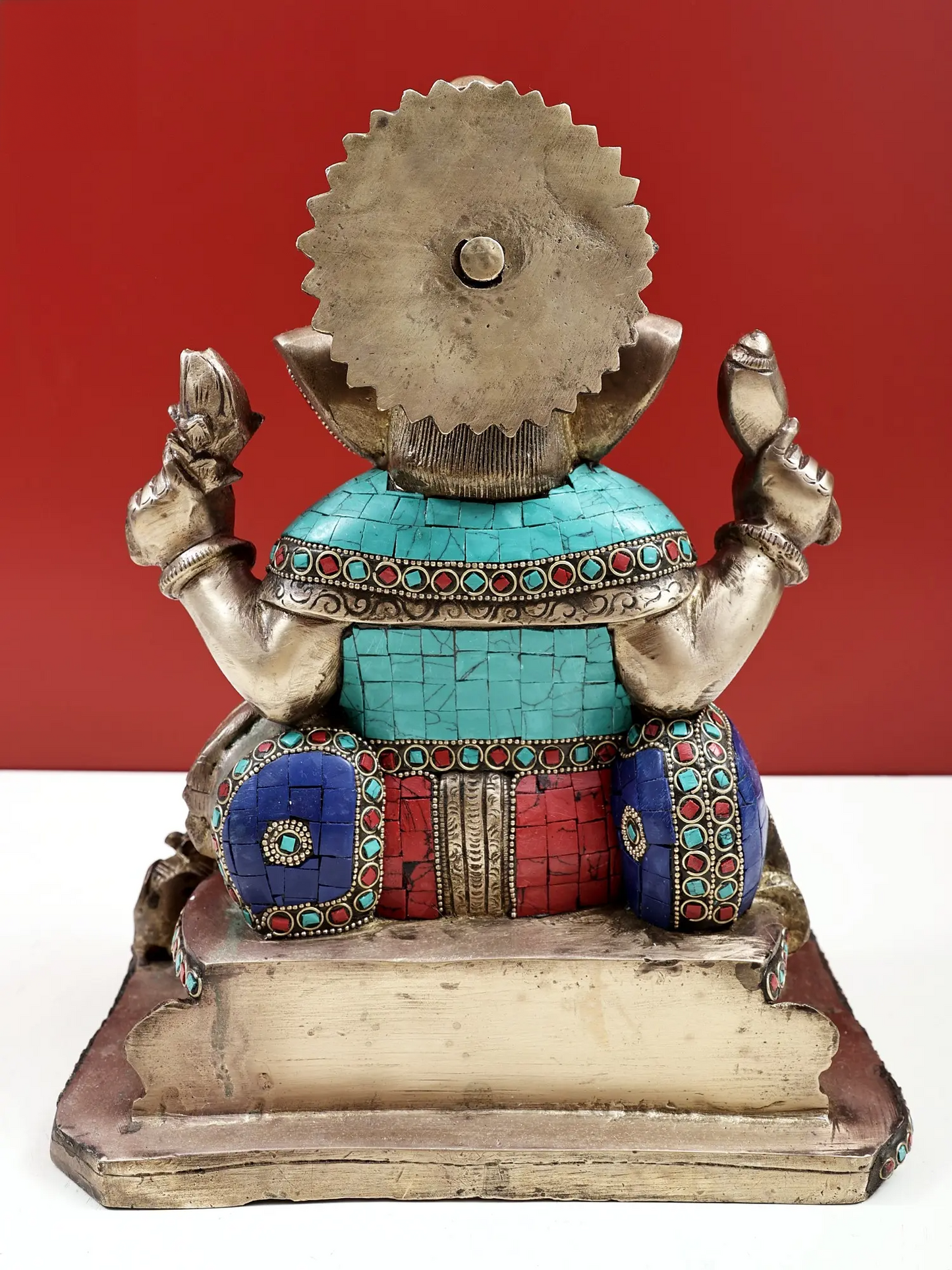 Brassaura™ Brass Ganesha Sitting on Throne Idol with Inlay Work for Home Temple | 12 Inches | 8.90 kgs