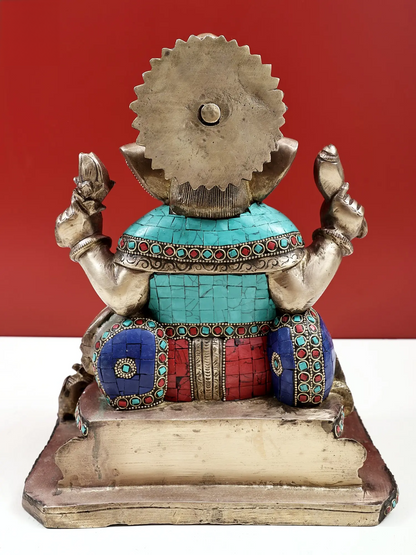 Brassaura™ Brass Ganesha Sitting on Throne Idol with Inlay Work for Home Temple | 12 Inches | 8.90 kgs